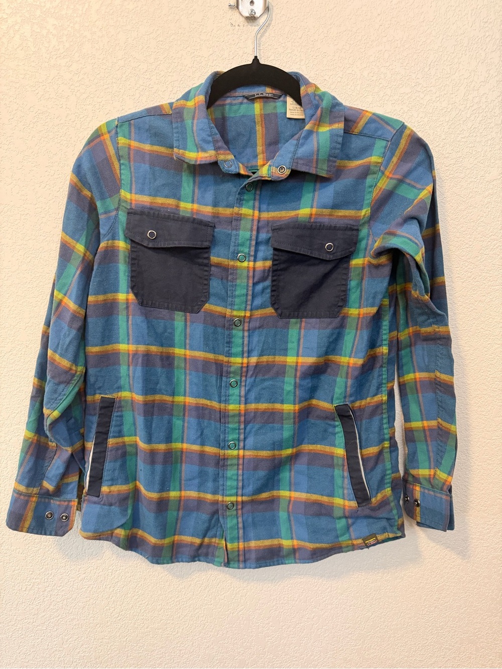 Boys L.L. Bean Blue Plaid Button-Front Shirt with Pockets